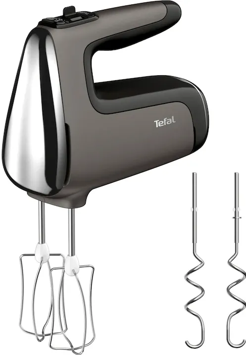 Mixer de mana Tefal Powermix Silence HT660EE0, 850 W, functie Turbo, maner ergonomic, 2 teluri inox, 2 carlige pentru aluat, gri & negru