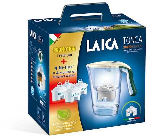 Cana filtranta de apa Laica Tosca, 2.3L, + 4 cartuse filtrante Bi-flux Universal, alb/verde