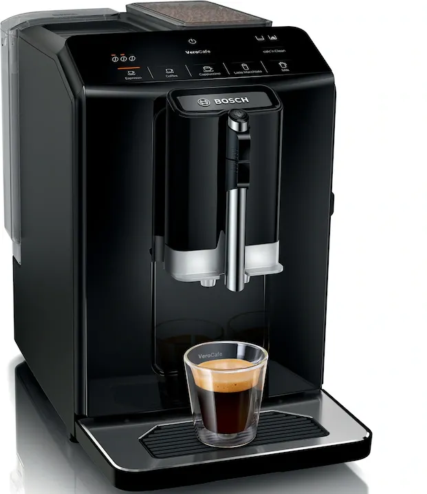 Espressor automat Bosch VeroCafe TIE20119, 1300 W max, 15 bari, 1,4 l, rasnita ceramica, dispozitiv spumare lapte MilkMagic Pro, cu sistem SensoFlow System, Negru