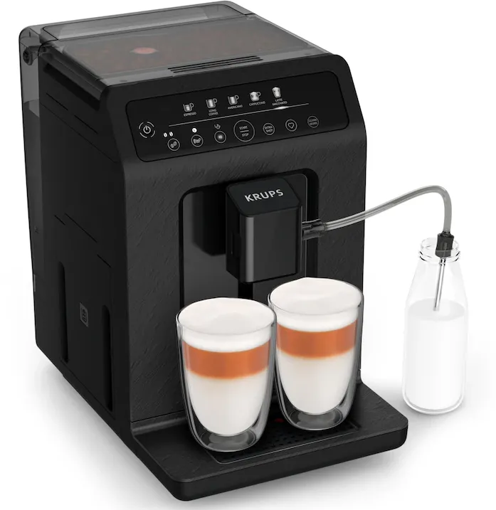 Espressor automat Krups Evidence Eco Design EA8968E0, 1450W, 15 bari, 5 retete, rezervor cafea 260g, rezervor apa detasabil 2.3L, 3 trepte de temperatura, rasnita 5 trepte, oprire automata, negru