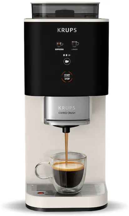 Espressor semi-automat Krups Coffee Crush SA4001E0, 1370 W, 15 bari, rasnita inox, sistem bean-to-cup, preparare one-touch, intensitate cafea ajustabila, compatibil cafea macinata, design ultra-compact, curatare usoara, crem & negru