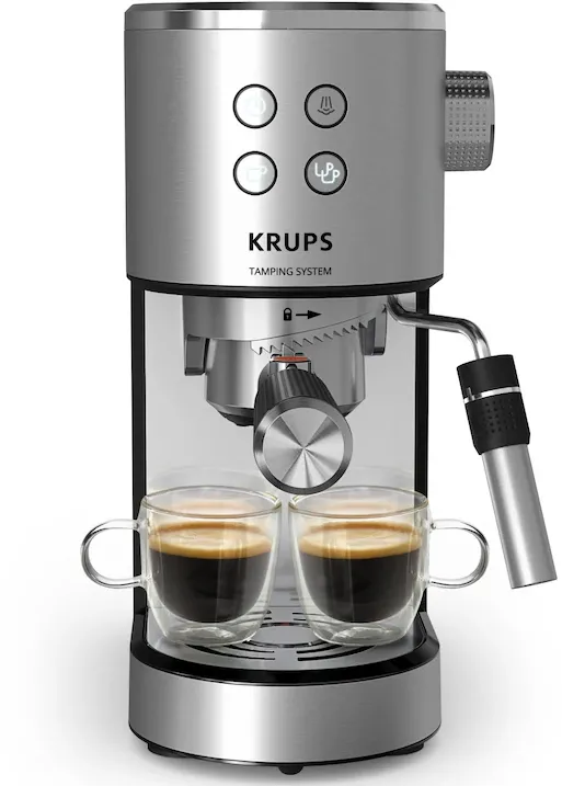 Espressor manual Krups Virtuoso+ XP499EE0, 1350 W, 15 bar, 1 L, sistem Thermoblock, duza pentru abur, tava de picurare detasabila, argintiu & negru