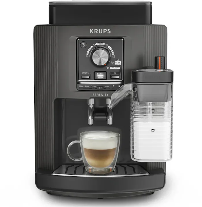 Espressor automat Krups Serenity Milk EA402HE0, 1450 W, presiune 15 bari, capacitate rezervor apa 1.7 L, 5 retete, 5 trepte de macinare, 3 trepte de temperatura, sistem Thermoblock Compact, tehnologie Milk Maestro, duza spumare lapte ajustabila, negru
