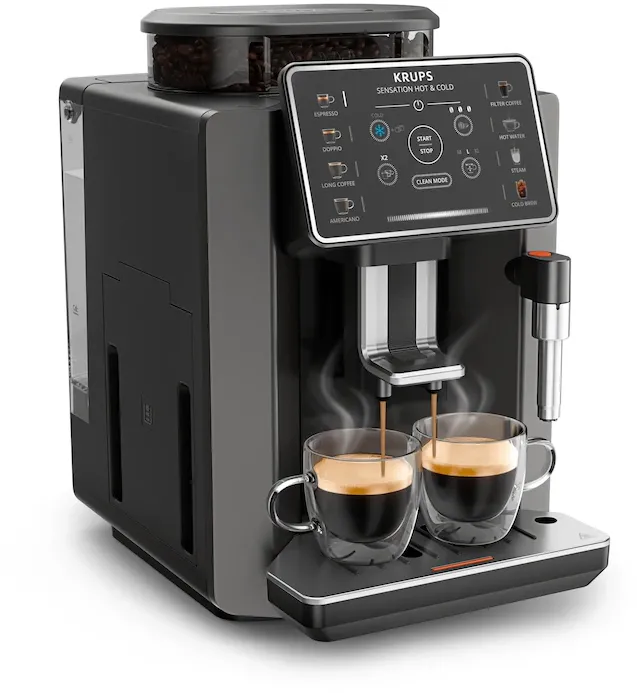 Espressor automat Krups Sensation Hot & Cold EA913HE0, 1450 W, 15 bari, rezervor apa 1.7 L, 12 retete calde si reci, 5 trepte macinare, 3 trepte temperatura, tehnologie Cold Brew Aroma, duza de abur, ecran tactil, curatare automata, gri