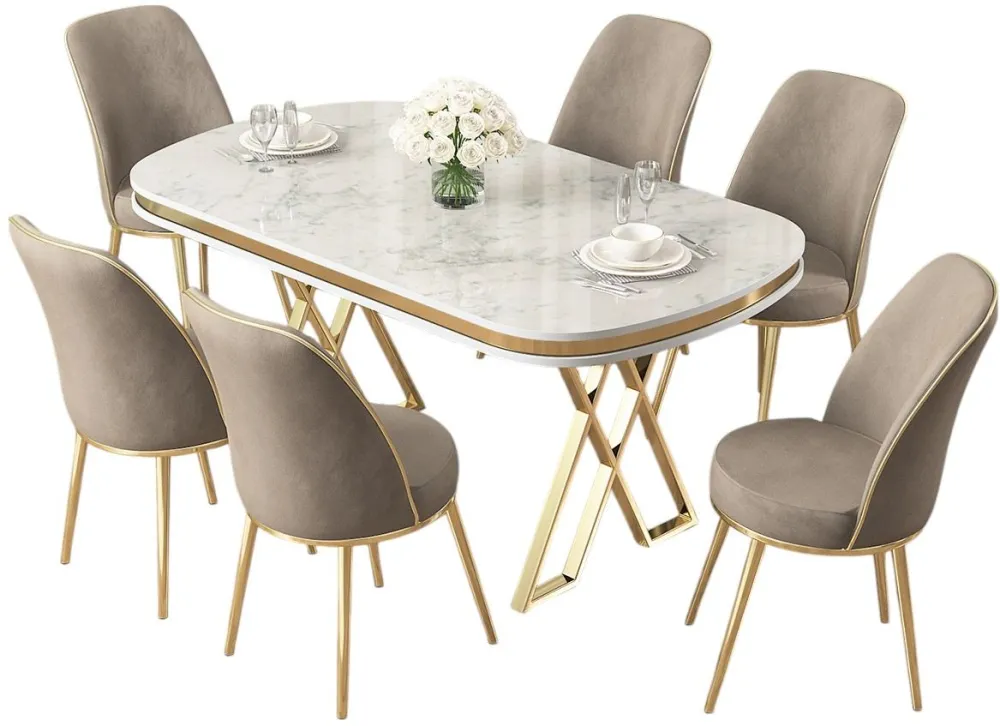 Set masă de dining cu scaune (7 piese) Hanah Home Lai - White, Gold, Cappuccino, Alb / Auriu / Cappucino