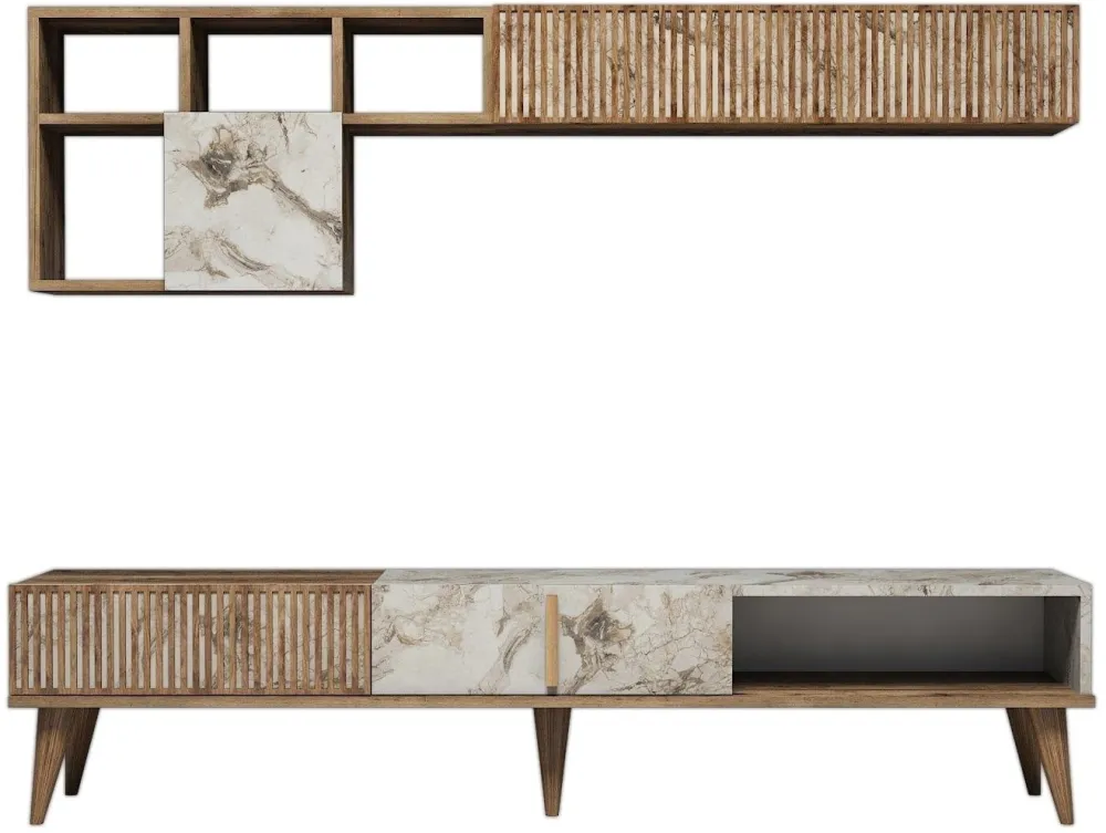 Ansamblu TV Hanah Home Milan - Walnut, White Marble, Nuc / Alb