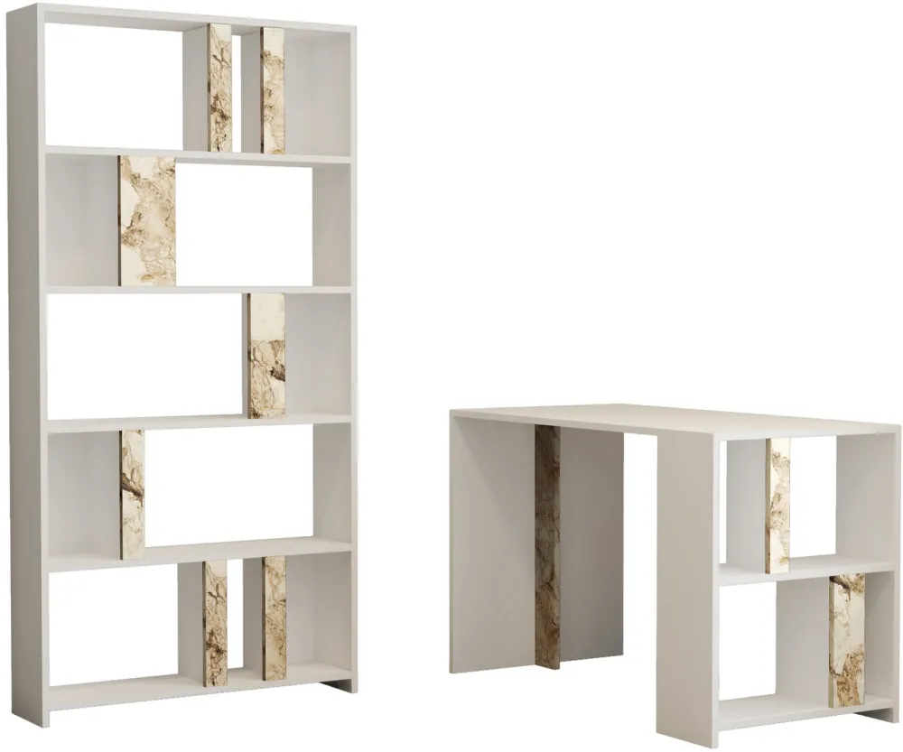 Birou cu bibliotecă Hanah Home Lima - White Marble, Alb