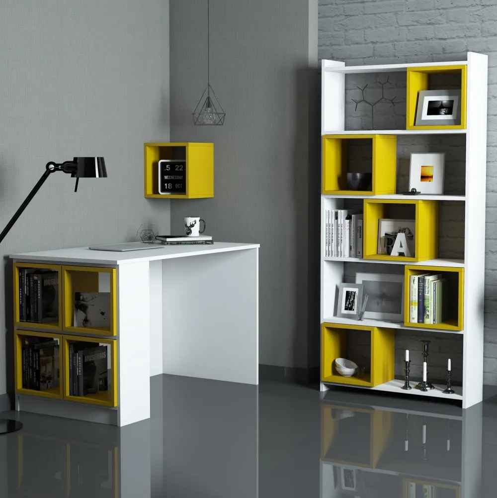 Birou cu bibliotecă Hanah Home Box, Alb / Galben