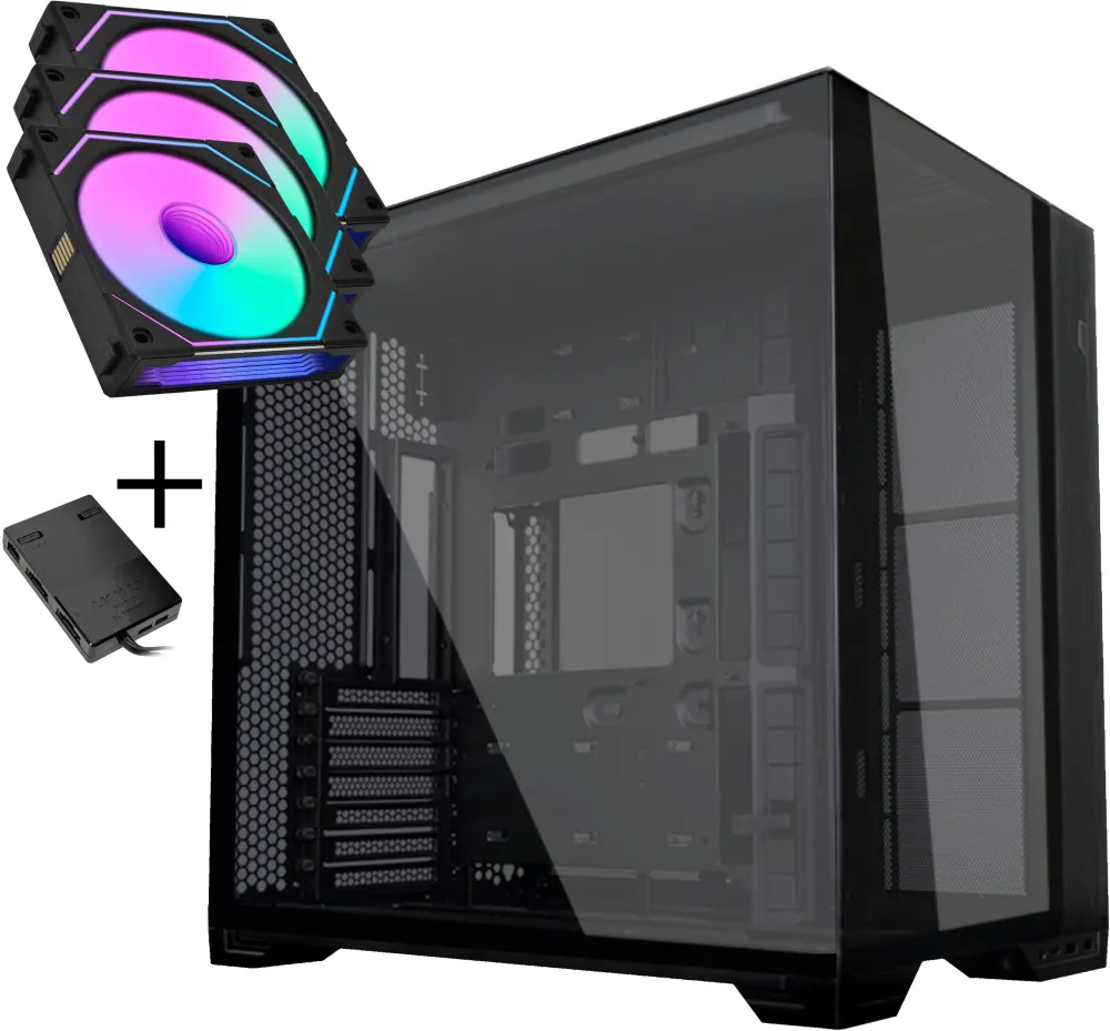 Pachet carcasa PC Lian Li O11 Vision Compact + 3 ventilatoare UNI FAN SL-INF 120 Reverse Blade negru