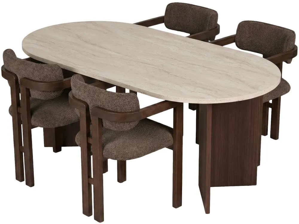 Set masă de dining cu scaune (5 piese) Hanah Home Meridia 4, Travertin / Nuc Milano / Nuc închis / Maro