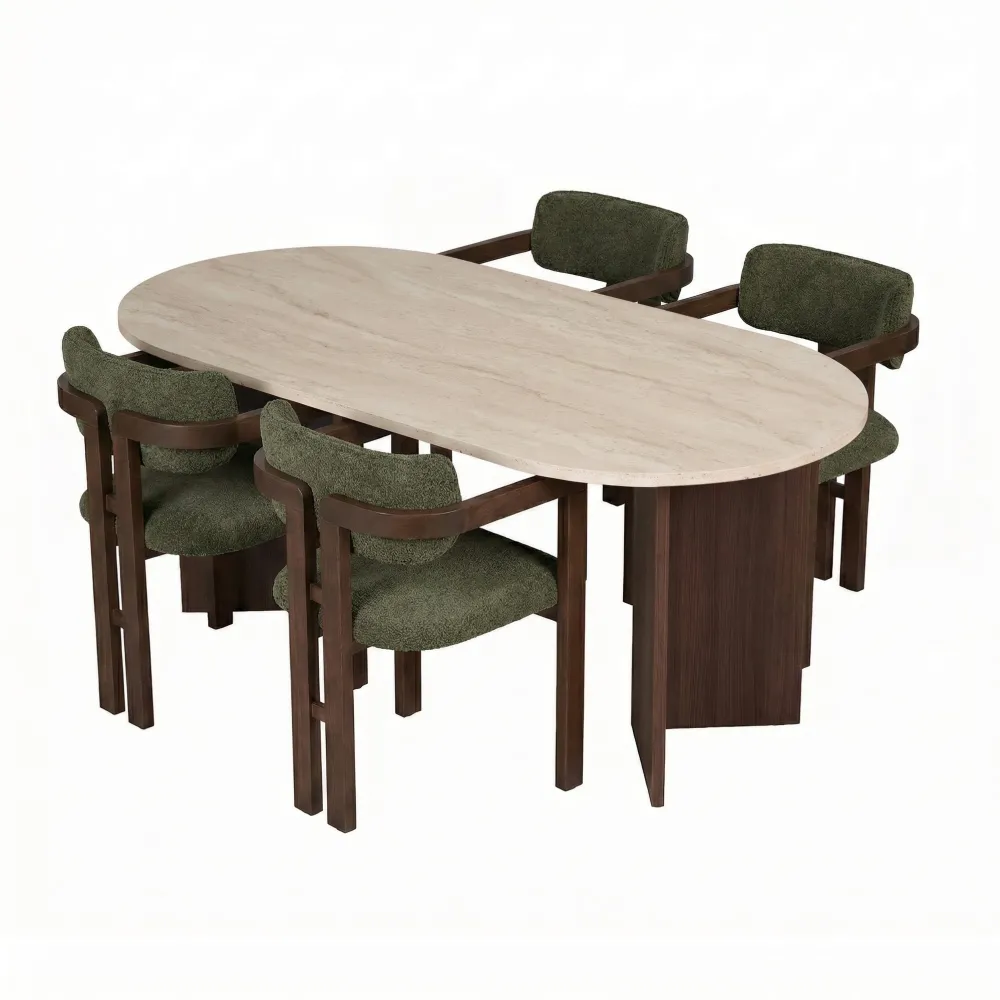 Set masă de dining cu scaune (5 piese) Hanah Home Meridia 4, Travertin / Nuc Milano / Nuc închis / Verde