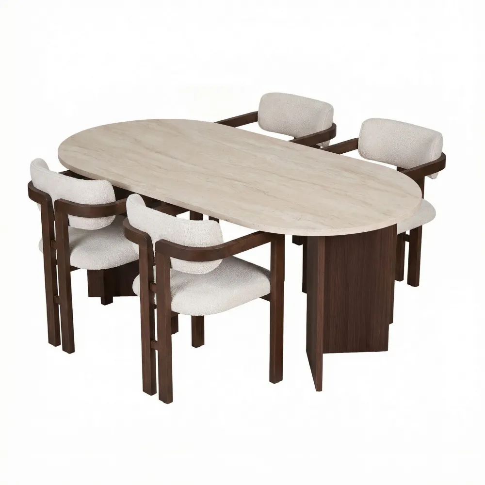 Set masă de dining cu scaune (5 piese) Hanah Home Meridia 4, Travertin / Nuc Milano / Nuc închis / Alb