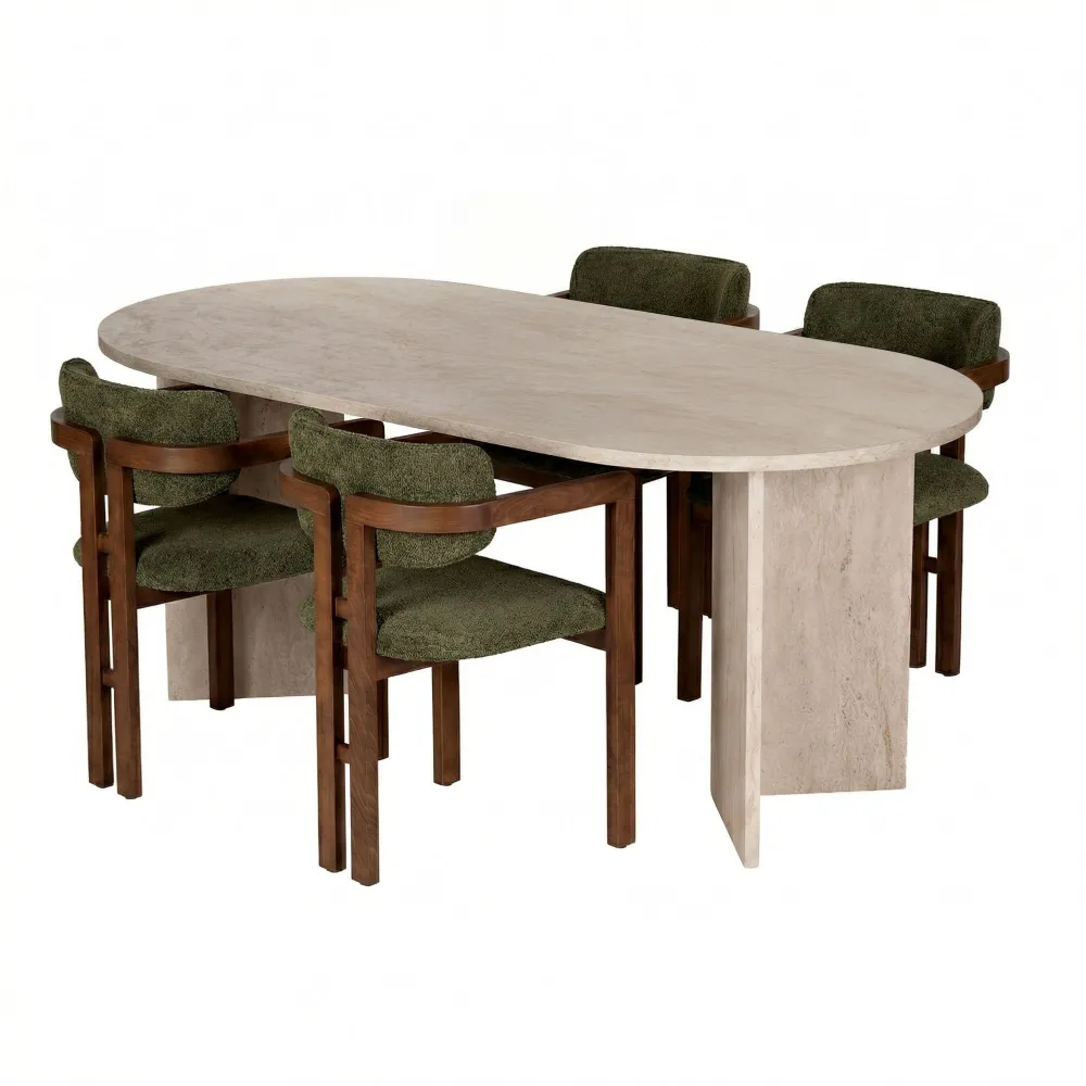 Set masă de dining cu scaune (5 piese) Hanah Home Meridia 4, Travertin / Nuc / Verde