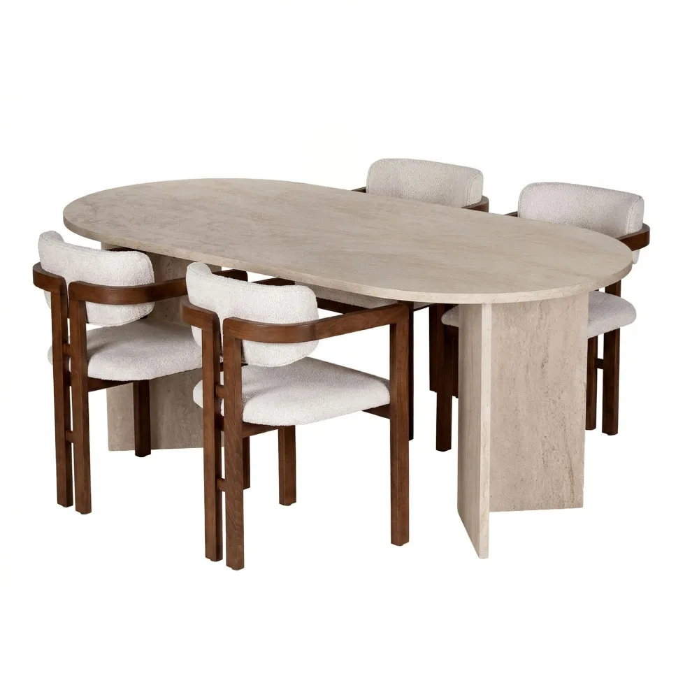 Set masă de dining cu scaune (5 piese) Hanah Home Meridia 4, Travertin / Nuc / Alb