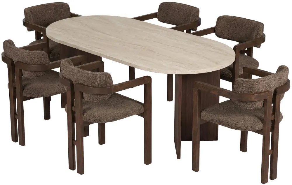 Set masă de dining cu scaune (7 piese) Hanah Home Meridia 6, Travertin / Nuc Milano / Nuc închis / Maro