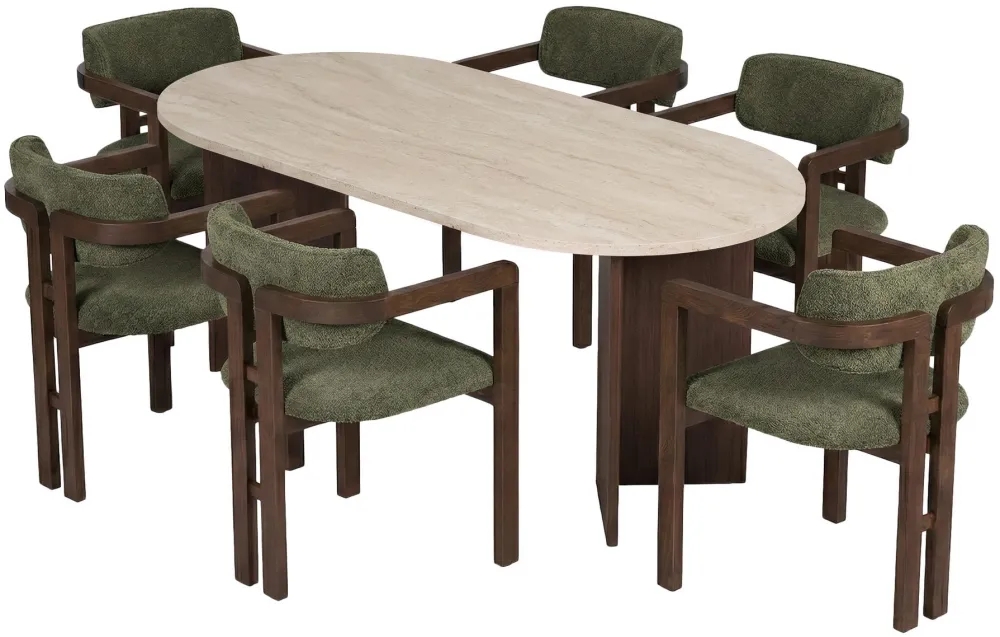 Set masă de dining cu scaune (7 piese) Hanah Home Meridia 6, Travertin / Nuc Milano / Nuc închis / Verde