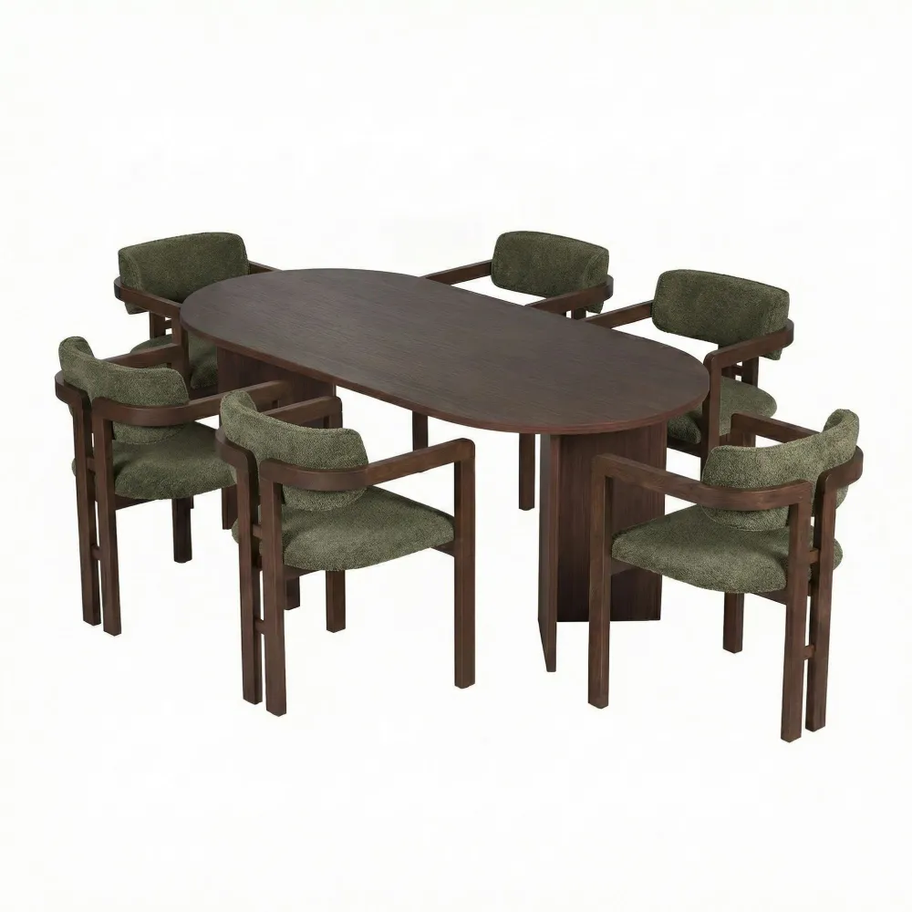 Set masă de dining cu scaune (7 piese) Hanah Home Meridia 6, Nuc Milano / Nuc închis / Verde