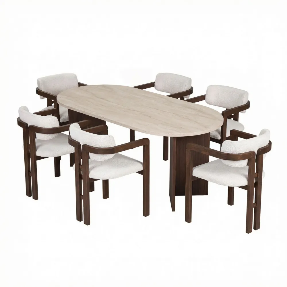 Set masă de dining cu scaune (7 piese) Hanah Home Meridia 6, Travertin / Nuc Milano / Nuc închis / Alb