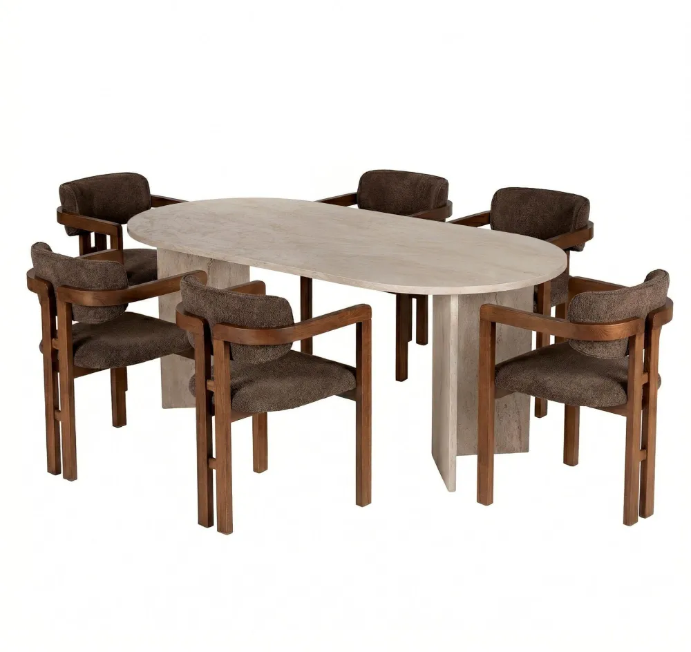 Set masă de dining cu scaune (7 piese) Hanah Home Meridia 6, Travertin / Nuc / Maro