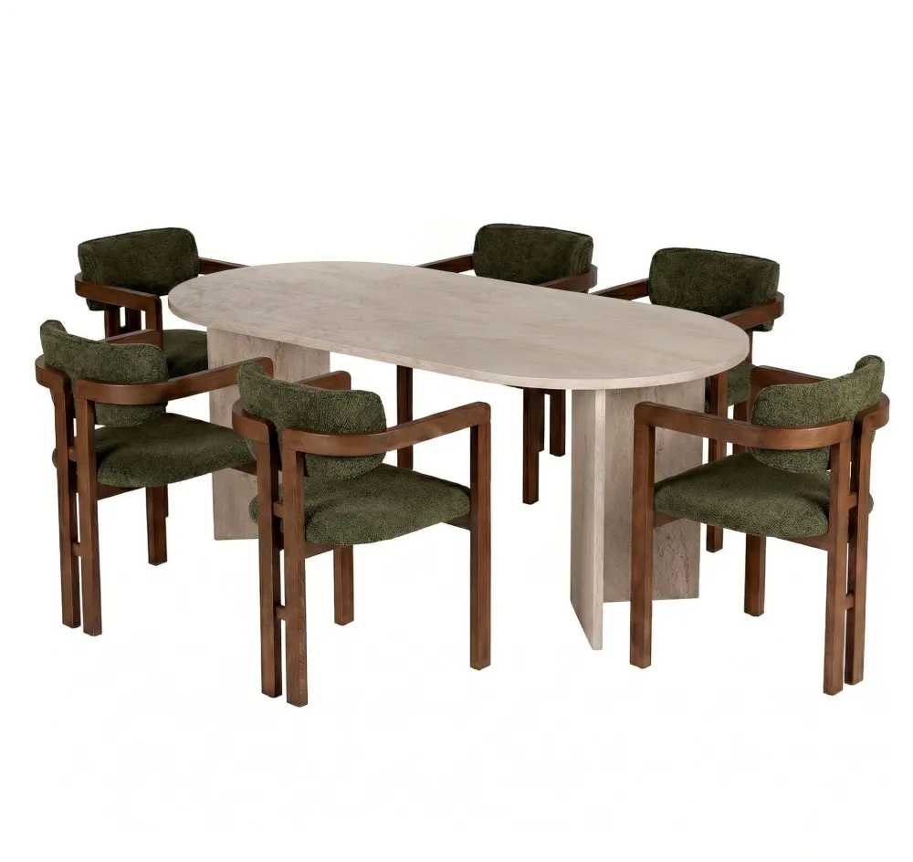 Set masă de dining cu scaune (7 piese) Hanah Home Meridia 6, Travertin / Nuc / Verde