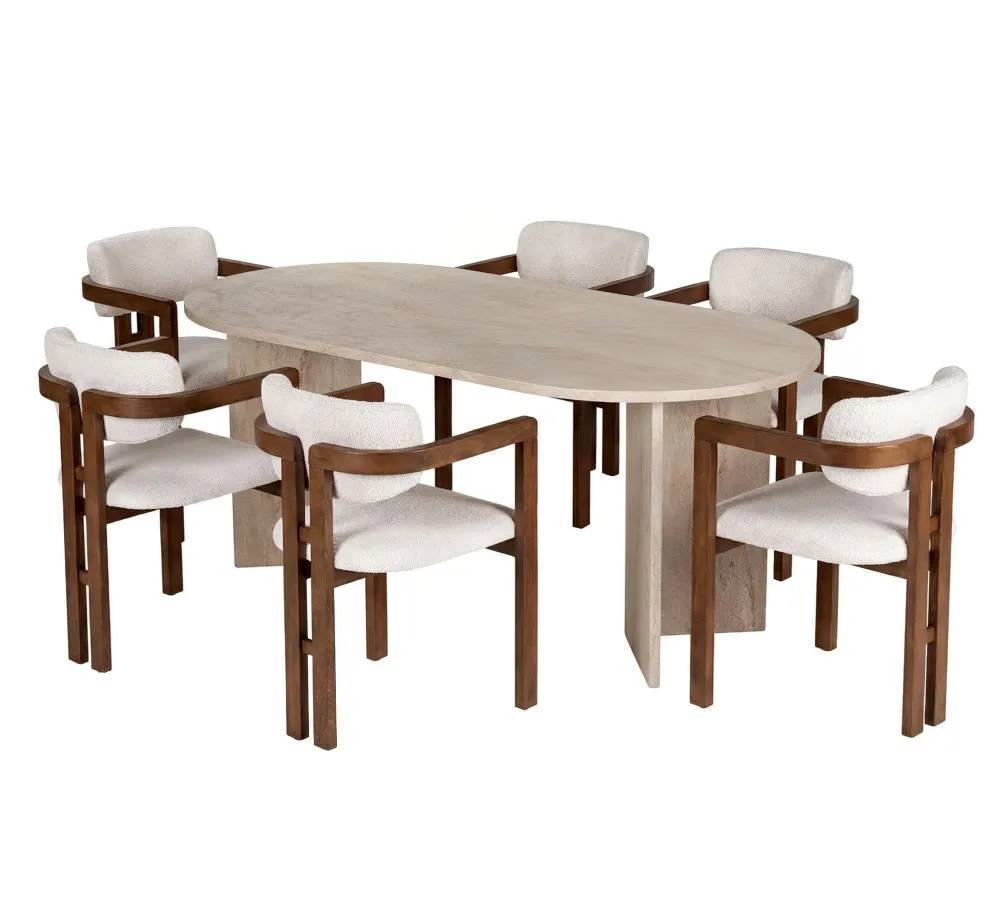 Set masă de dining cu scaune (7 piese) Hanah Home Meridia 6, Travertin / Nuc / Alb