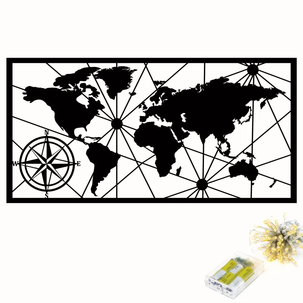 Decorațiune de perete din metal Wallity World Map Led 452, Negru