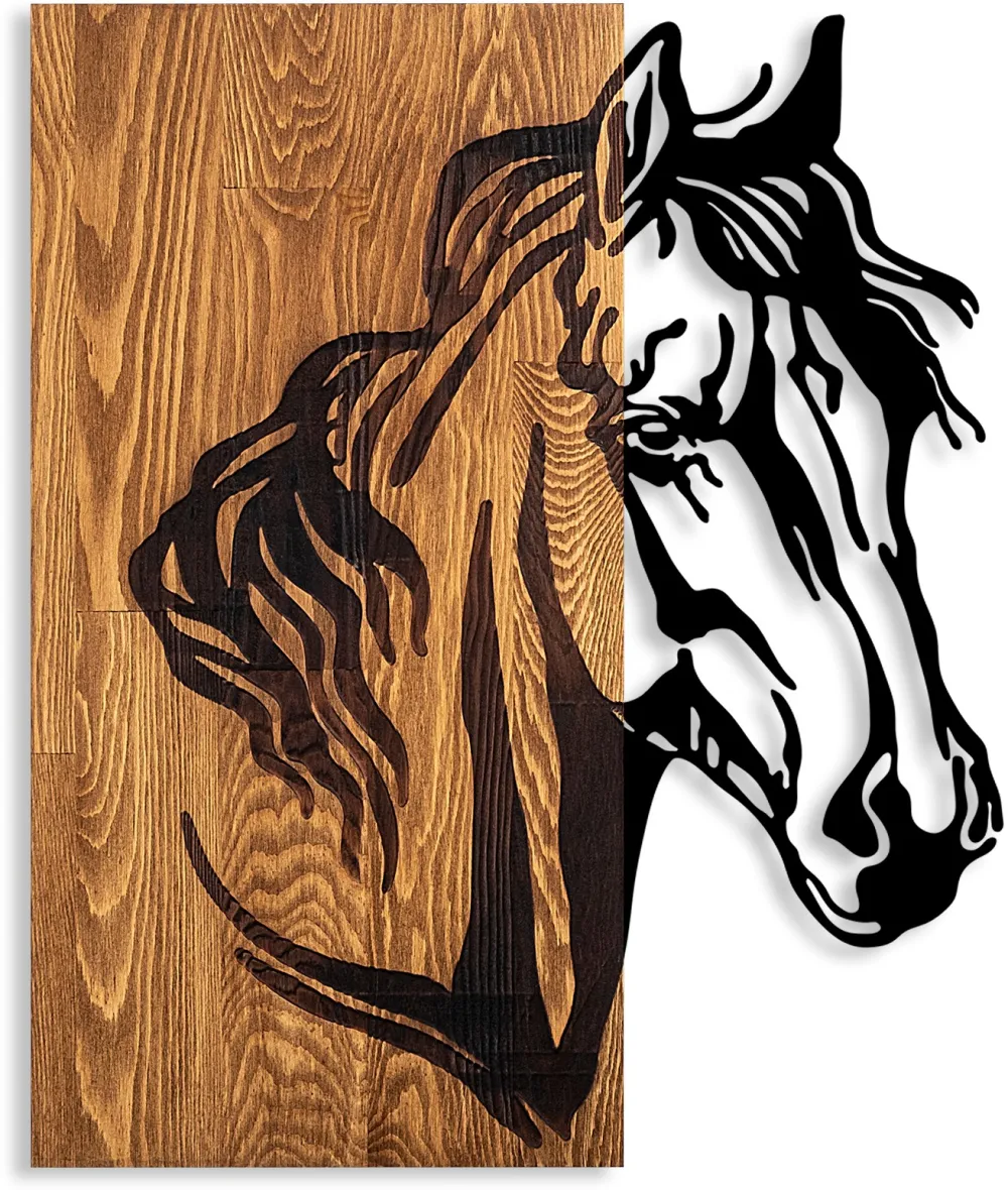 Decorațiune de perete din lemn Wallity Horse 1, Nuc / Negru