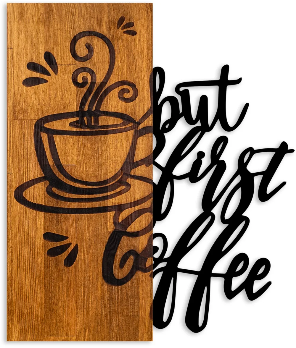 Decorațiune de perete din lemn Wallity Coffee First, Nuc / Negru