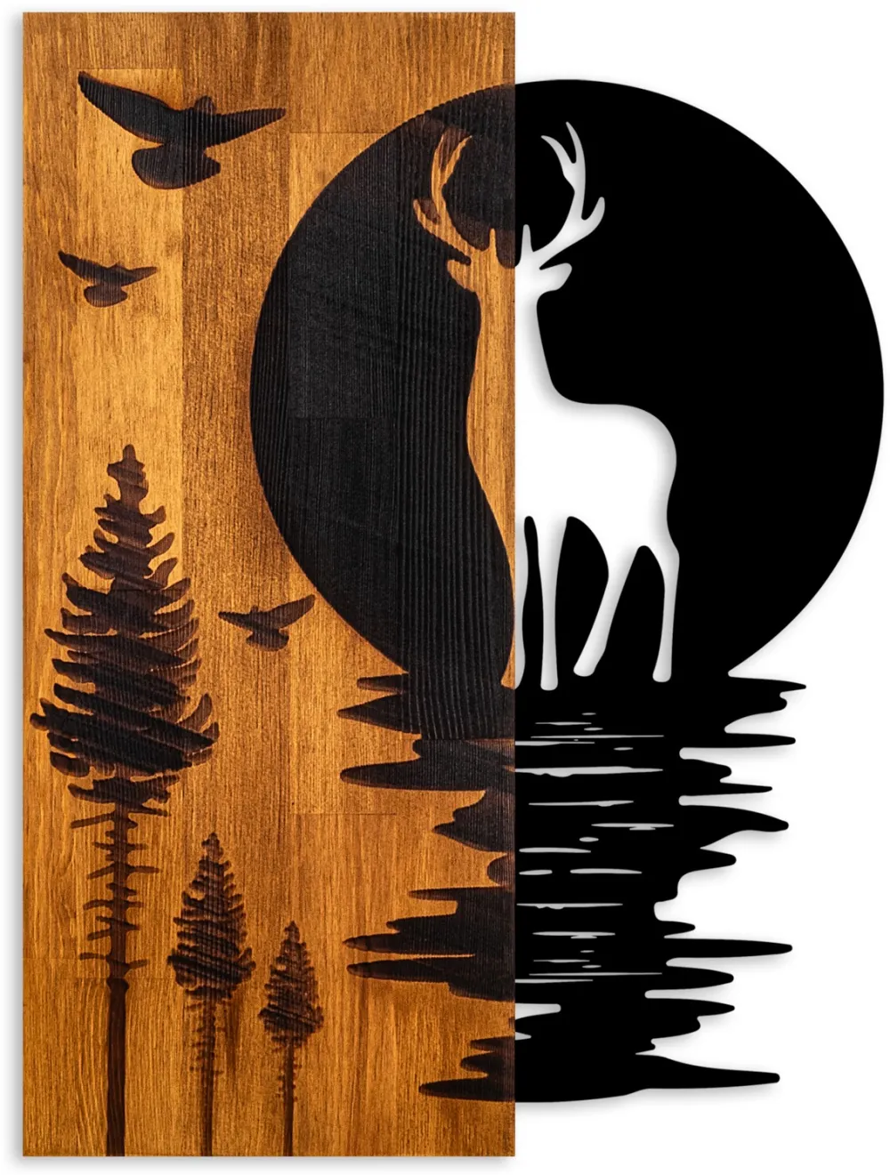 Decorațiune de perete din lemn Wallity Deer and Moon, Nuc / Negru
