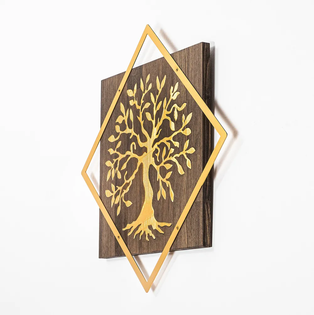 Decorațiune de perete din lemn Wallity Tree v2 - Gold, Nuc / Auriu