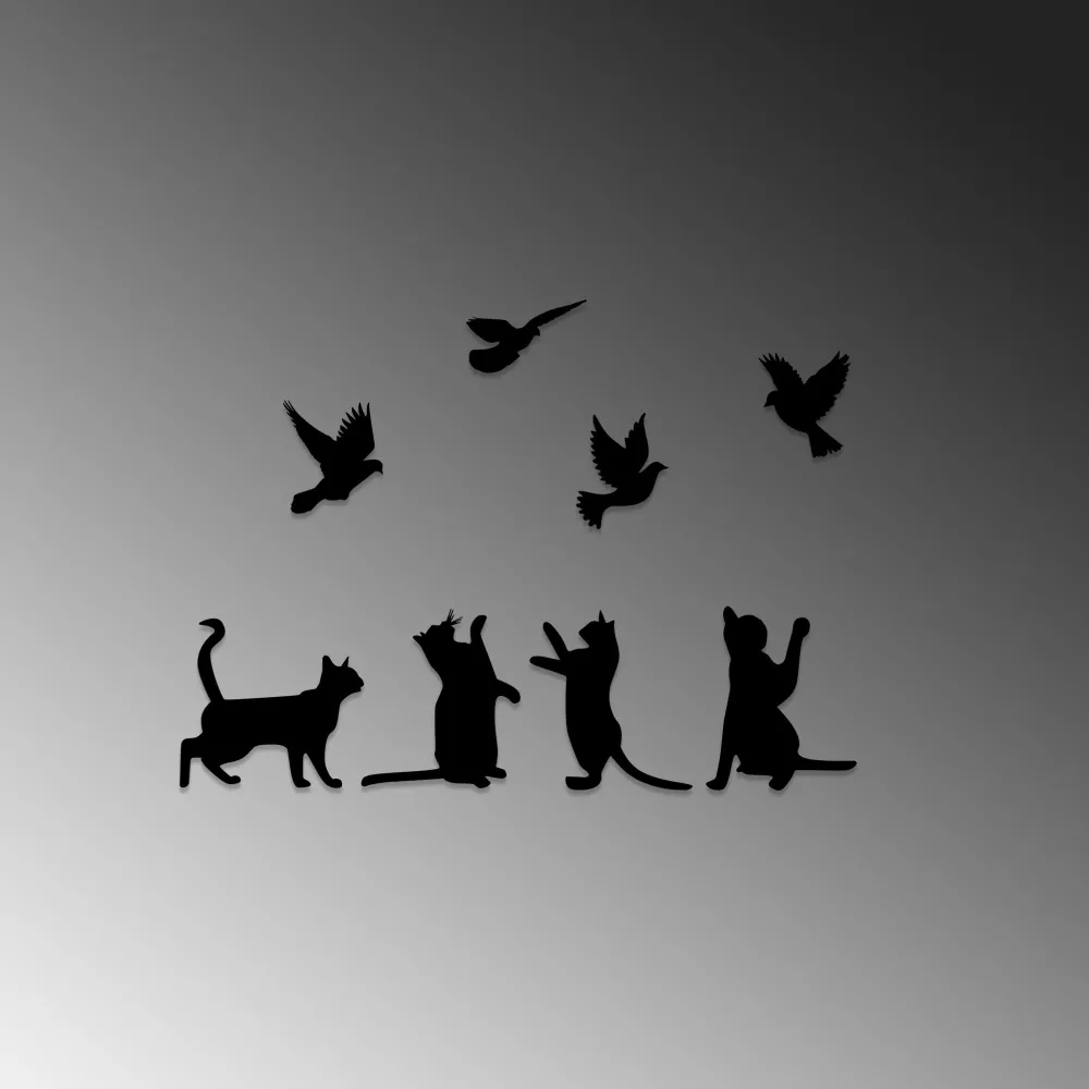 Decorațiune de perete din metal Wallity Birds Playing With Cats, Negru
