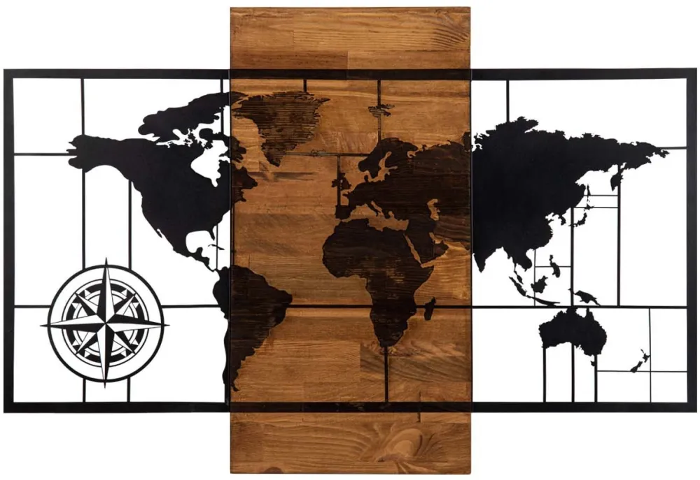 Decorațiune de perete din lemn Wallity World Map Wıth Compass, Negru / Nuc