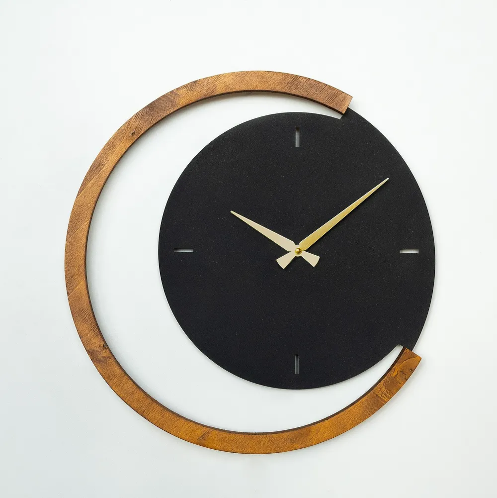Ceas de perete din metal Wallity Moon Time Wooden Metal Wall Clock - APS117, Negru / Nuc