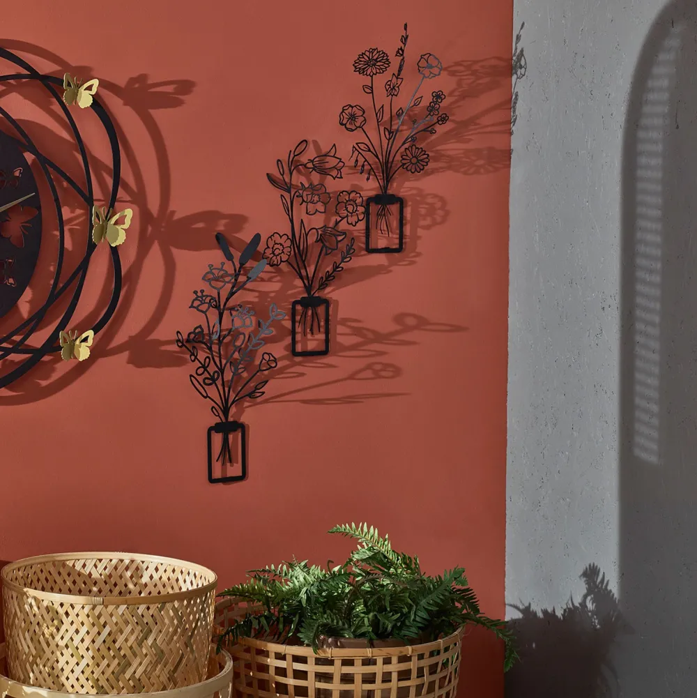 Decorațiune de perete din metal Wallity Flowers in Vase 3D - APT519MS, Negru