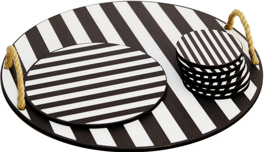 Set tavă din lemn cu suporturi pentru pahare (8 piese) Hermia PLT0231, Negru / Alb