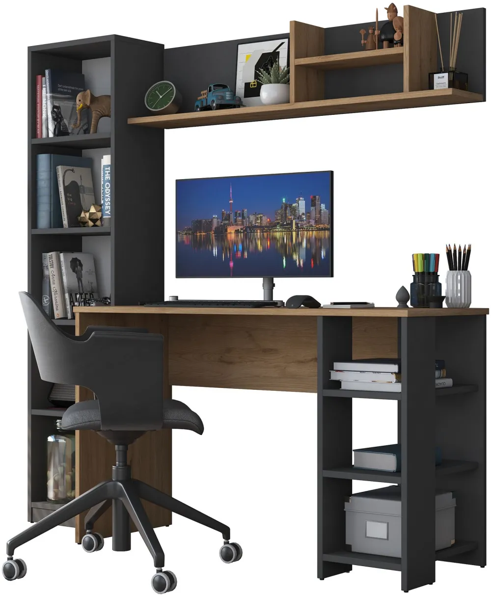 Birou cu bibliotecă Hanah Home HA125 - 2699, Nuc / Antracit