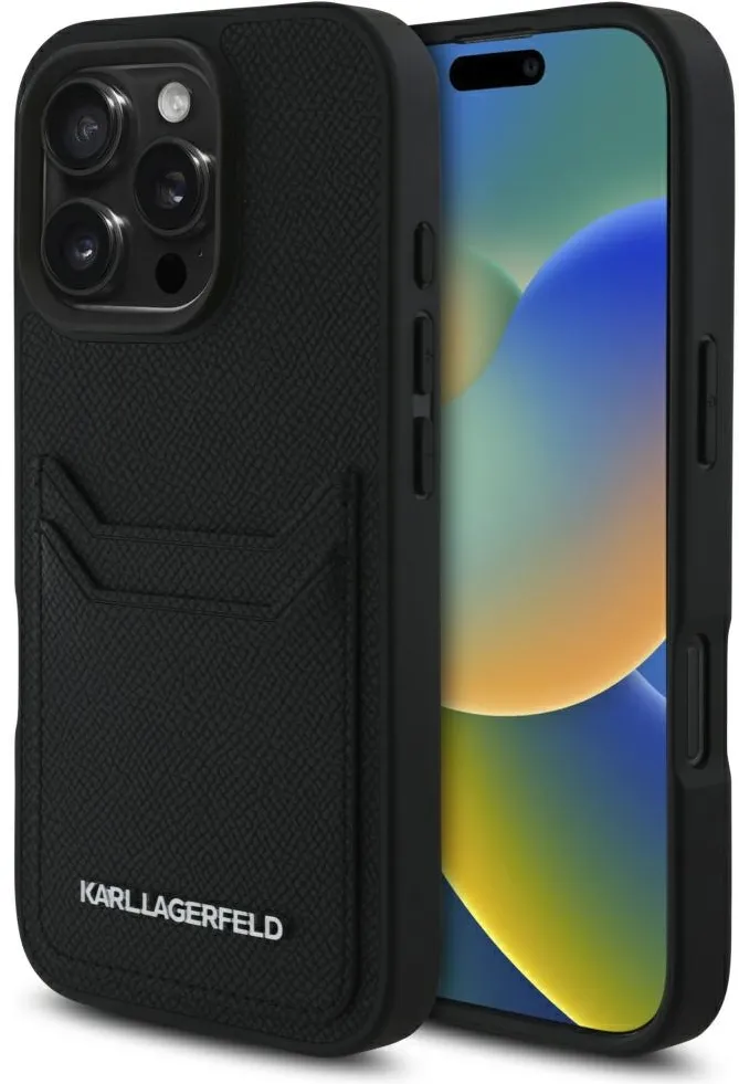 Karl Lagerfeld HC Grained PU Cardslot Metal Elong iPhone 16 Pro Case - Black