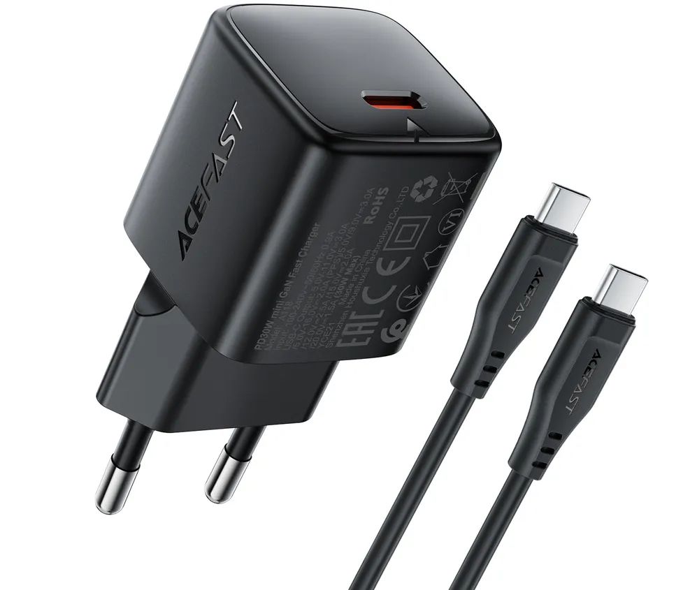 Acefast A118 30W GaN USB-C Wall Charger with USB-C - USB-C Cable 1.2m - Black