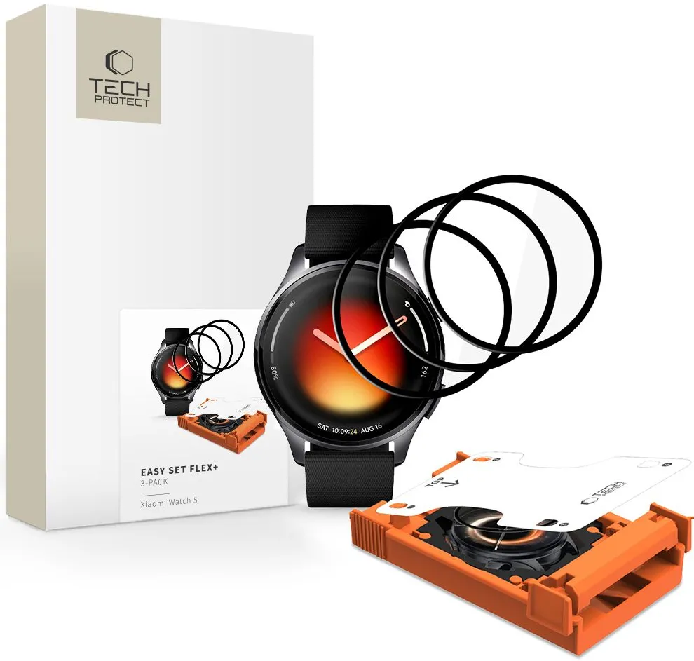 Tech-Protect Easy Set Flex+ 3-Pack Hybrid Glass for Xiaomi Watch 5 - Black
