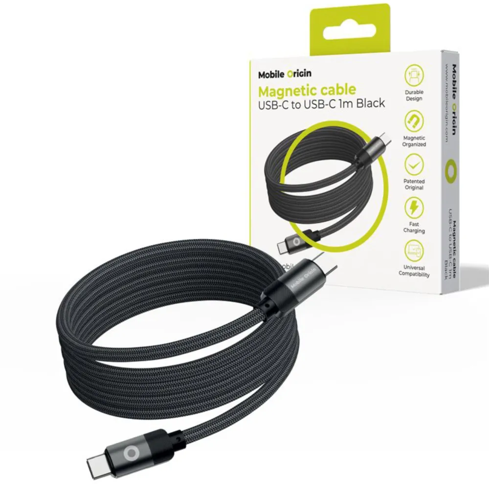 Cablu magnetic USB-C la USB-C Mobile Origin MC2-USBC-1M-BLK 1 m negru