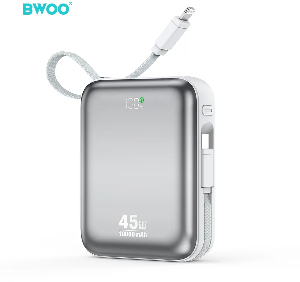 BWOO power bank P77 45W, 10000 mAh with USB-C and Lightning cable, grey