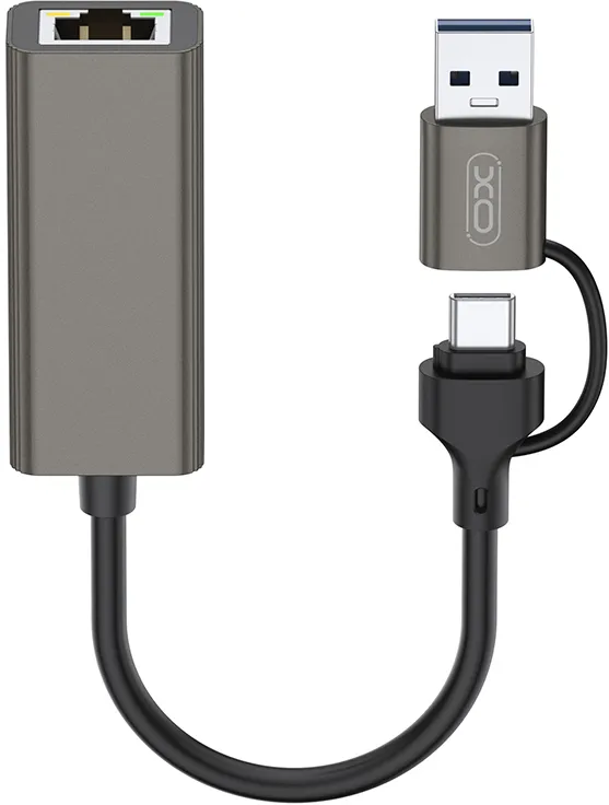 XO adapter HUB HUB018 2w1 USB-USB-C - RJ45 gray