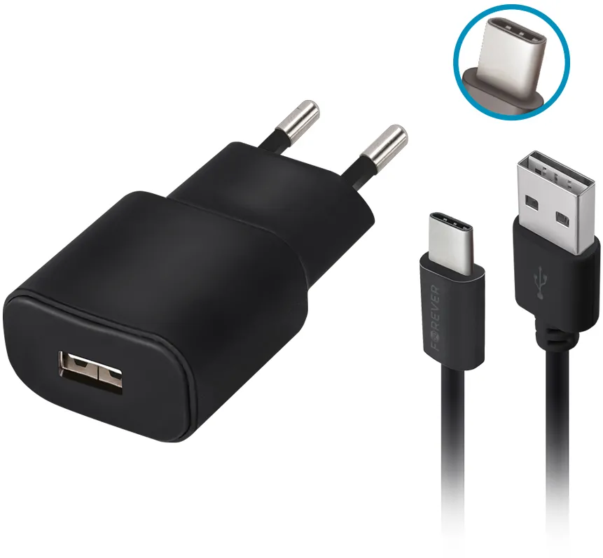 Forever TC-01 charger 1x USB 2A black + USB-C cable
