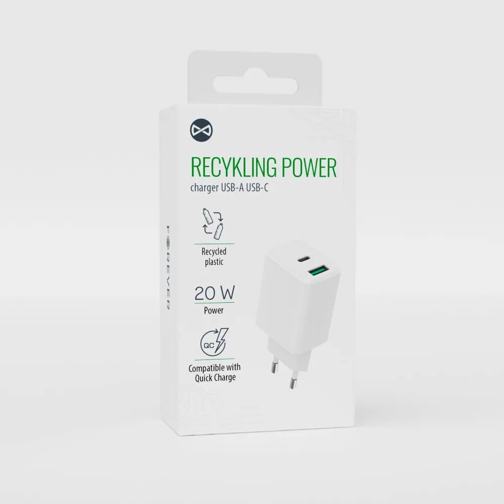 Forever recycled wall charger USB + USB-C 20W  LSR20-AC-00 white