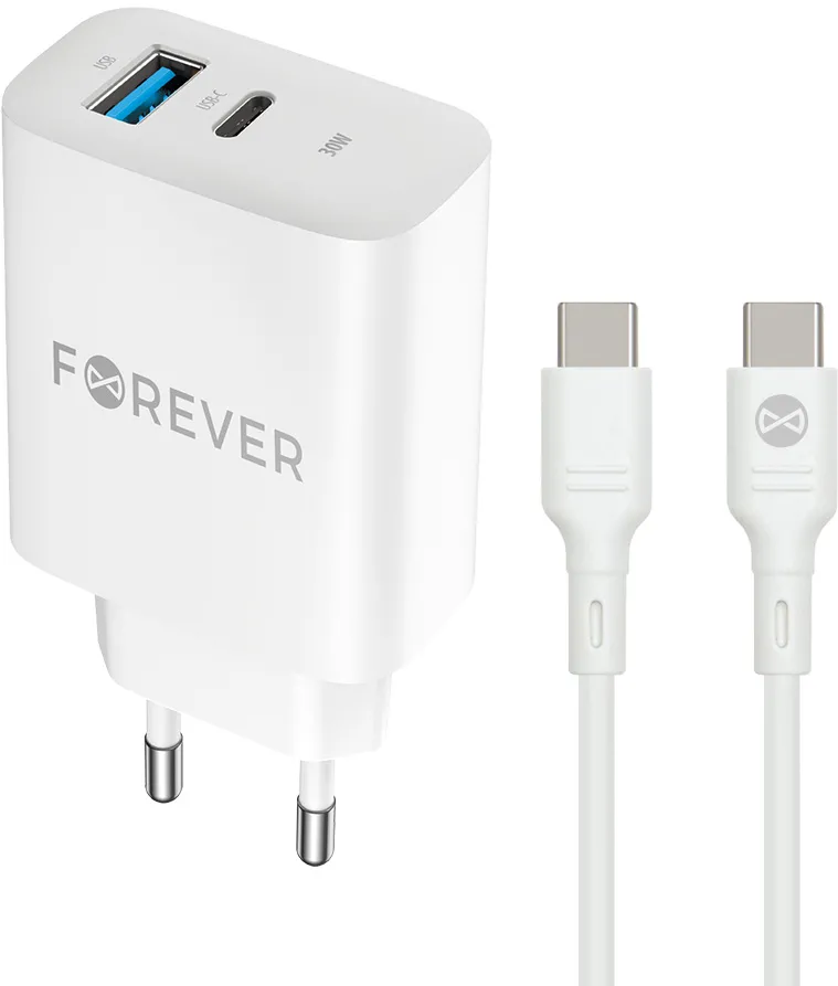 Forever TC-07-30AC PD QC charger 1x USB-C 1x USB 30W white + USB-C - USB-C cable 60W