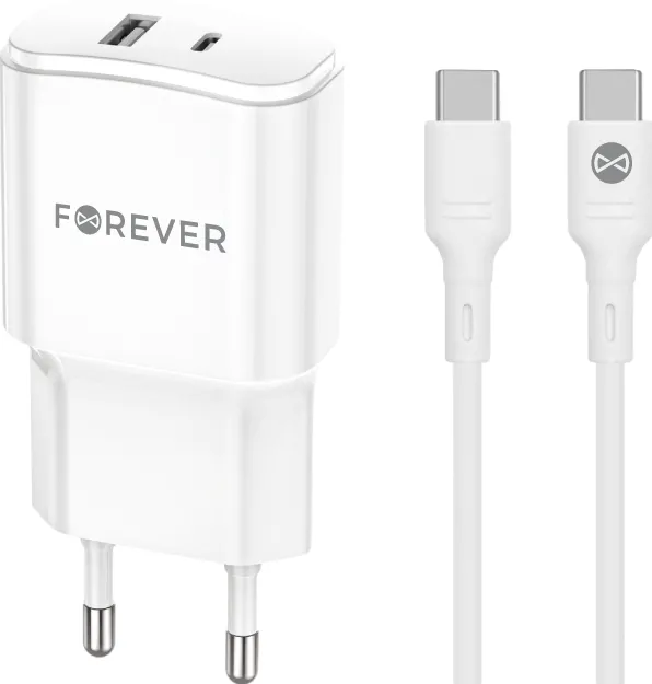 Forever TC-01-20AC PD QC charger 1x USB-C 1x USB 20W white + USB-C - USB-C cable 20W