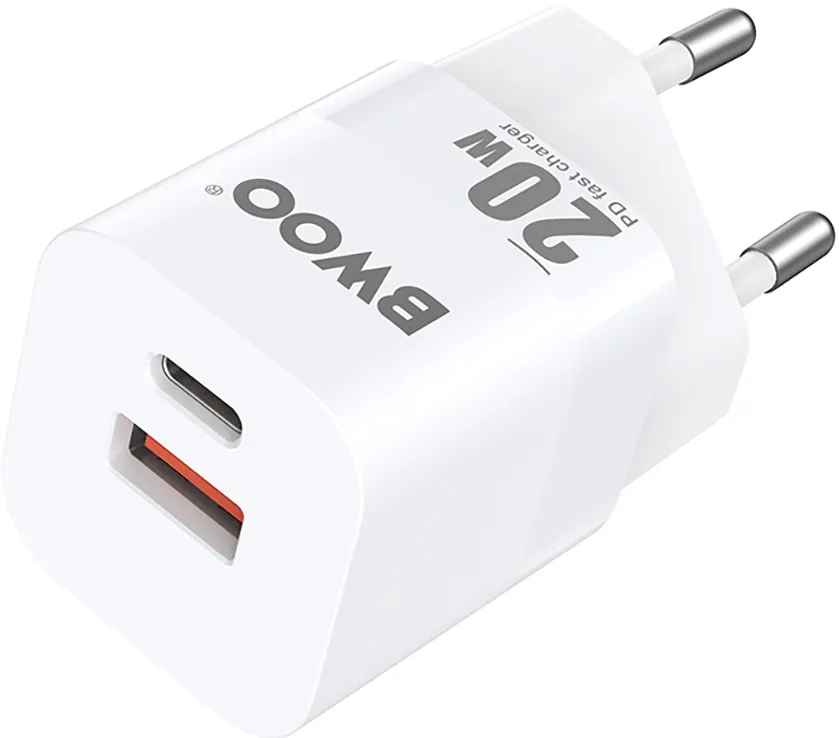 BWOO CDA156 PD wall charger 1x USB-C 1v USB 20W white