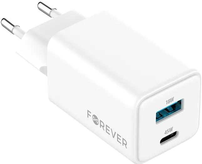 Forever TC-08-45AC GaN PD QC charger 1x USB-C 1x USB 45W white