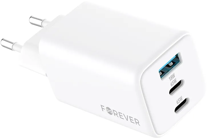 Forever TC-08-65ACC GaN PD QC charger 2x USB-C 1x USB 65W white