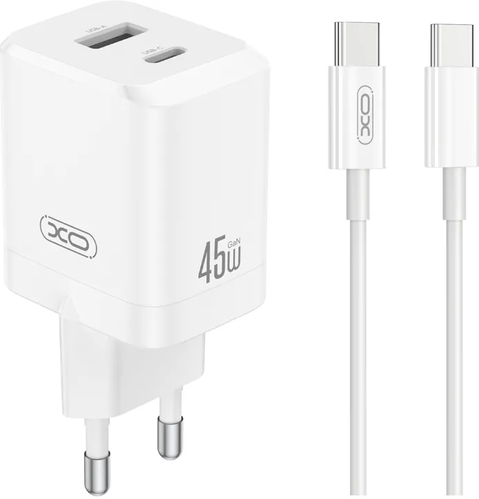 XO wall charger CE36 PD 45W 1x USB-C 1x USB white + cable USB-C - USB-C